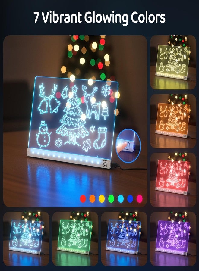 لوحة رسم LED بسبعة ألوان - لوحة ملاحظات LED أكريليك مع 7 أقلام، حامل، قالب رسم، لوحة رسائل مضيئة قابلة للمسح الجاف للغرفة/المكتب/العمل، هدية مثالية للأطفال في الأعياد (7.9 × 11.8 بوصة) - سلكية - Image 2